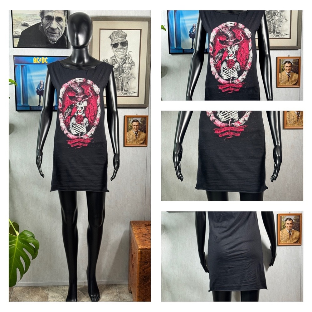 Vtg Too Fast Brand Skeleton Witch Graphic Sleeveless Black Dress Punk Tee Dress